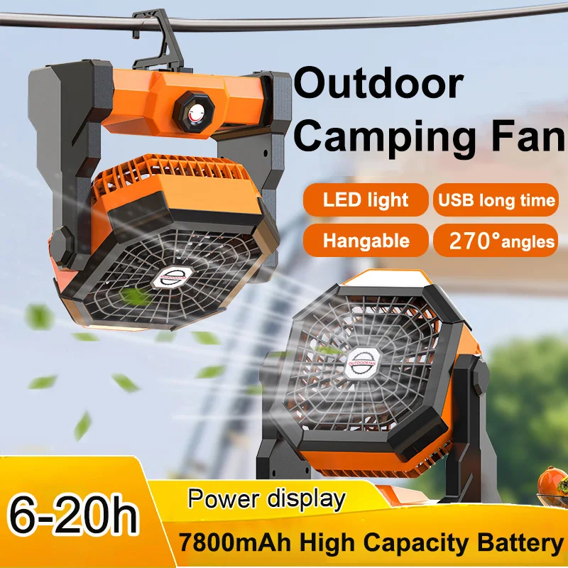 

7800mA Portable Camping Fan with Light Hangable Tent Ceiling Fan 6-20h Outdoor Travel Cool Camping Gear for USB Rechargeable