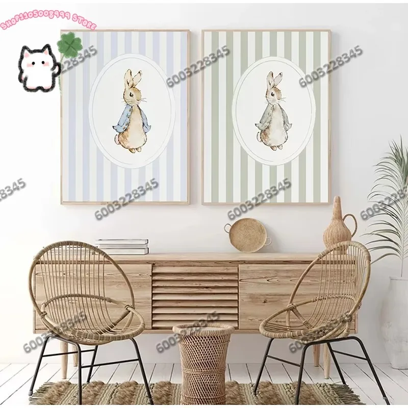 1PC Frameless Cute Rabbit Reading A Book Illustration Poster Retro Rabbit Canvas Painting Printing Farmhouse Room Decor