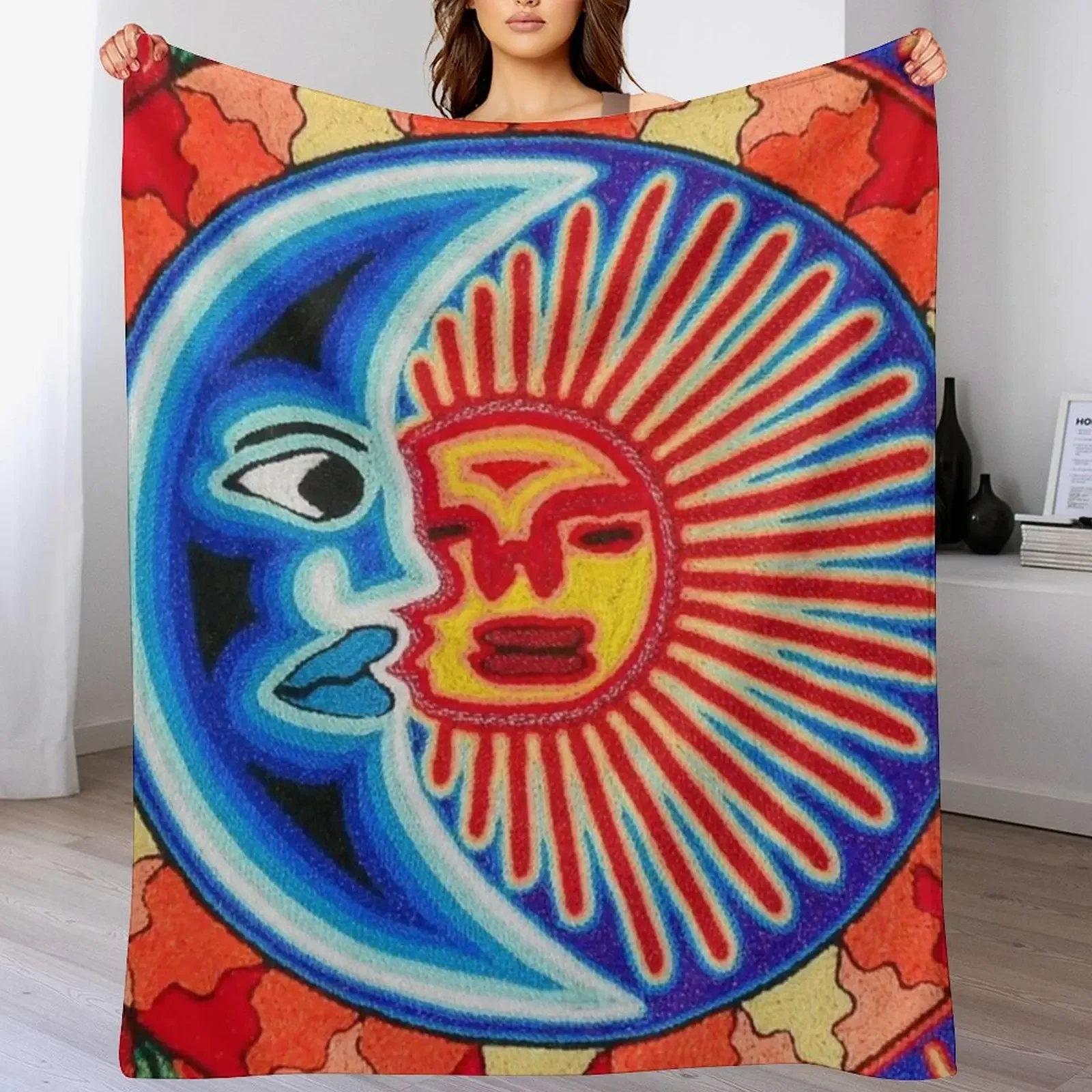 Mexican Sun Crescent Moon Colorful Huichol | Mexican Blanket Design | Large Cozy King Size | Vintage Folk Art - Throw Blanket