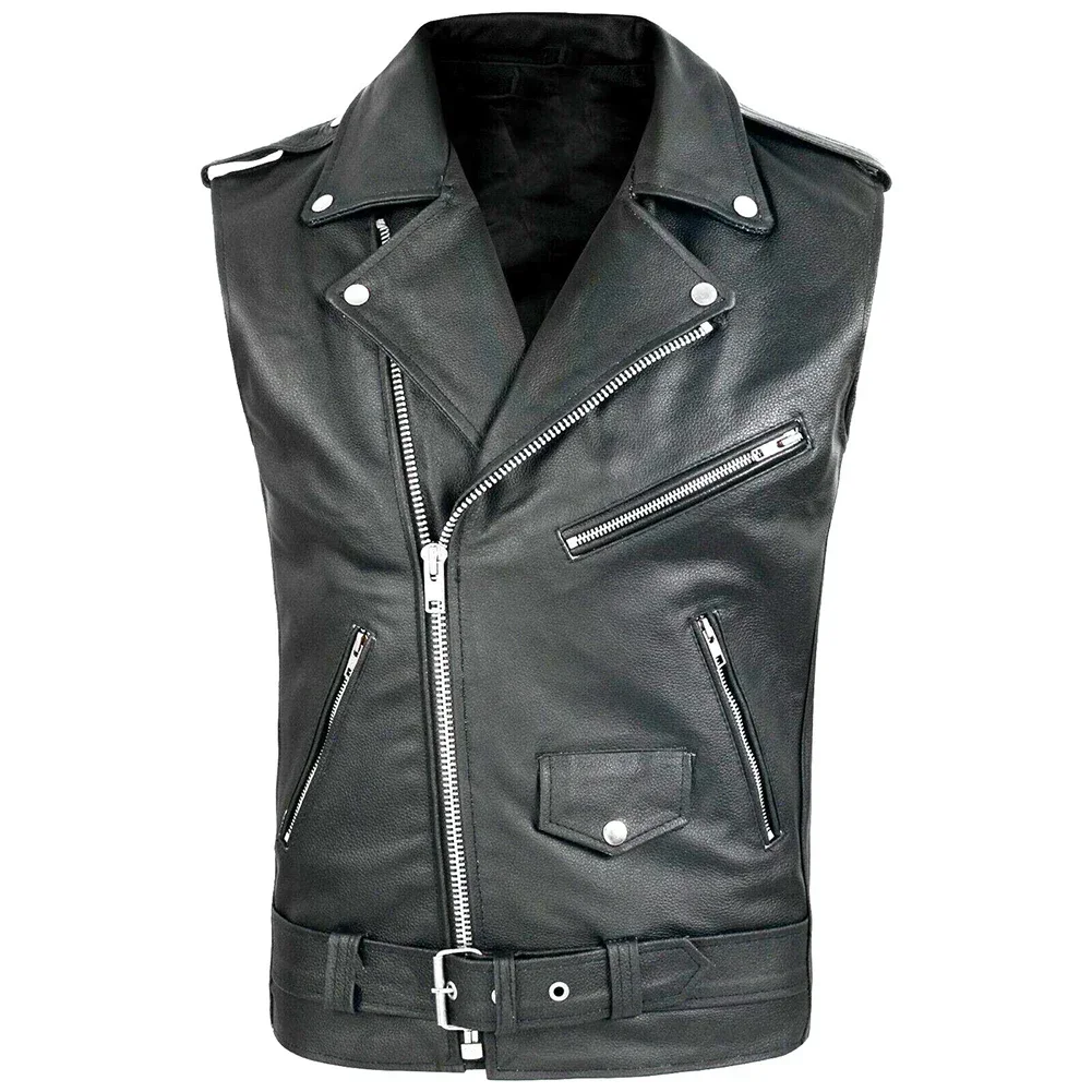 Men PU Leather Turn-Down Vest Lapel Vest Motorcycle Sleeveless Jacket Fashion Hip Hop Waistcoat Casual