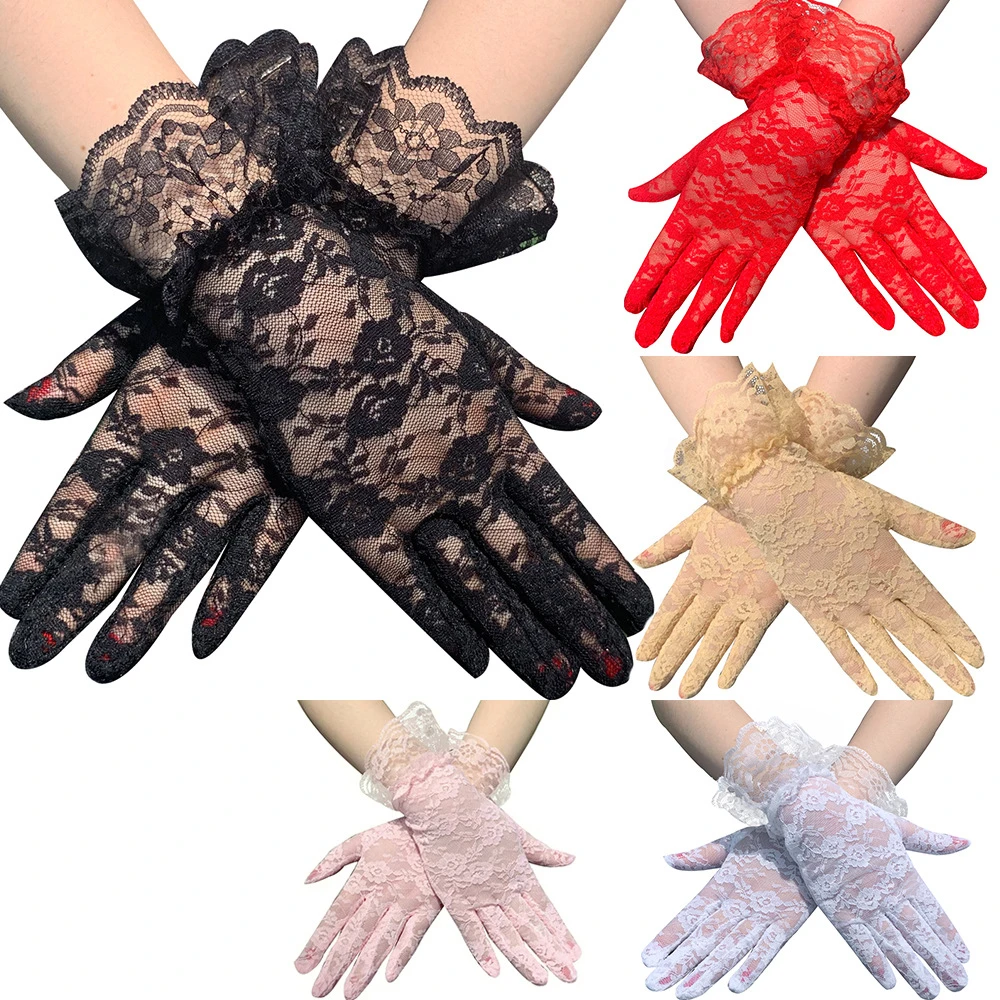 Women Party Dressy Gloves Sunscreen Lace Gloves Rose Flower Pattern Protection Mittens Wedding Multicolor Bride Gloves