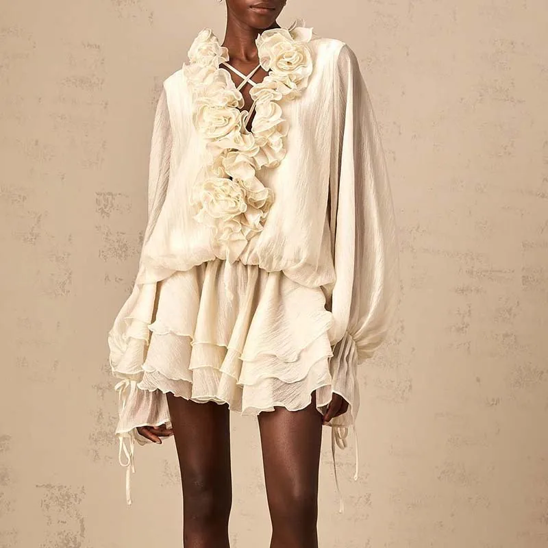 Vestido de fiesta liso informal para mujer, minivestido elegante con cordones y retazos de flores a la moda, vestido acampanado con volantes y manga acampanada con cuello en V