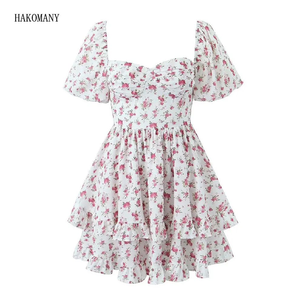 Women Slim Waist Ruffles Hem Short Lantern Sleeve Cake Party Robe Sexy Summer Corset Style Floral Print Mini Dress Vestidos