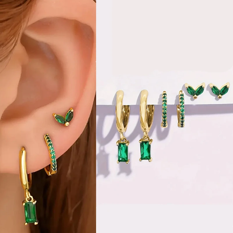 6PCS Green Tragus Huggie Earring Set For Women Fahion Square Crystal Cartilage Hoop Earring Shiny Helix Piercing Lobe Jewelry