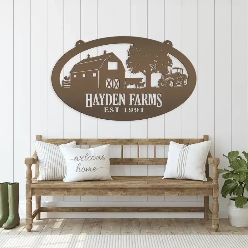 Elegant Customized Oval Farm Sign, Showcasing Established Date. Personalized Family Name in Metal, Gothic Home Room Decoration.