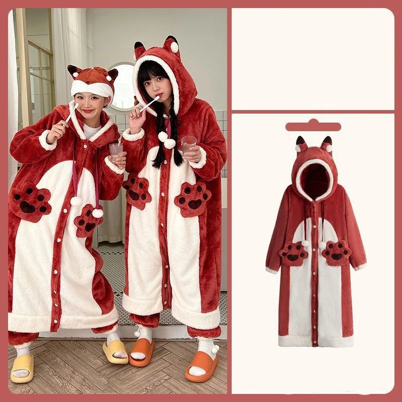 Pluche Fleece Nachtjapon Voor Vrouwen Meisje Winter Warme Casual Capuchon Nachthemd Homewear Schattige Anime Fox Cosplay Pak Flanellen Pyjama