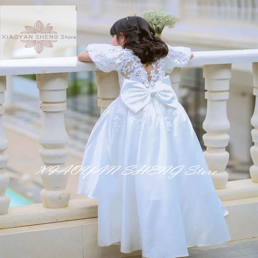 White Applique Flower Girl Dress For Wedding V-back Satin With Bow Kids Birthday Princess Dress First Communion Ball Gowns