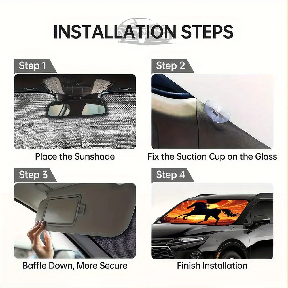 قطعة واحدة، حاجب من الشمس للسيارة بنمط حصان غروب الشمس للنافذة الأمامية، قابل للطي وعملي، مثالي للشارع الضواحي والصباح #5