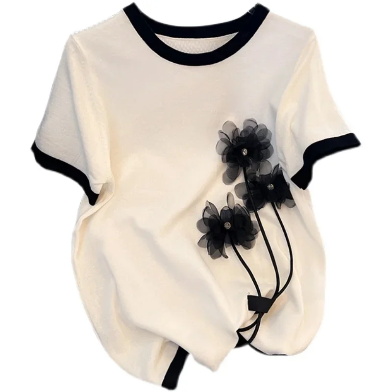 Beading Flower Thin Short Sleeve Sweater Women Knitted T-Shirt Korean O-Neck Elegant Black White Pullover Jumper Top V1508