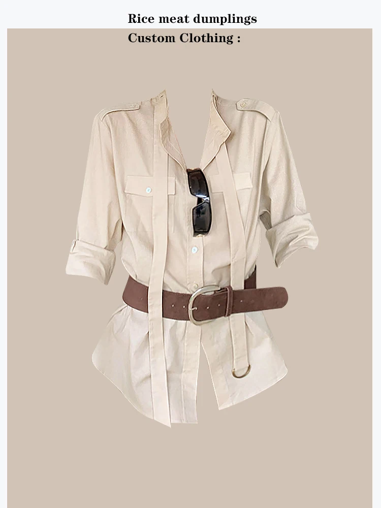 

Trendy Zurich Khaki Linen Feel Women's Shirt Tie Waist Old Money Style Commute Fashion Cotton Linen Blend Long Sleeve Neck