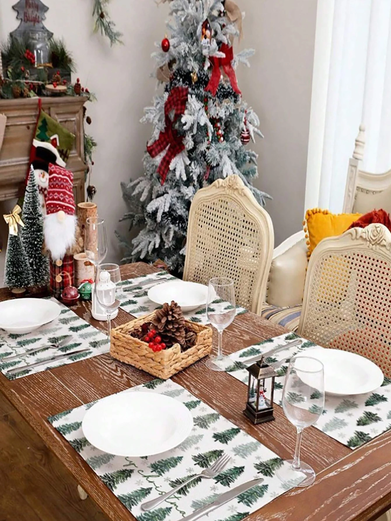 مفرش طاولة مطبوع عليه شجرة صنوبر عيد الميلاد وندفة الثلج، مفرش طاولة "عيد ميلاد سعيد" لطاولة طعام العطلات، ديكور المنزل والحفلات #3