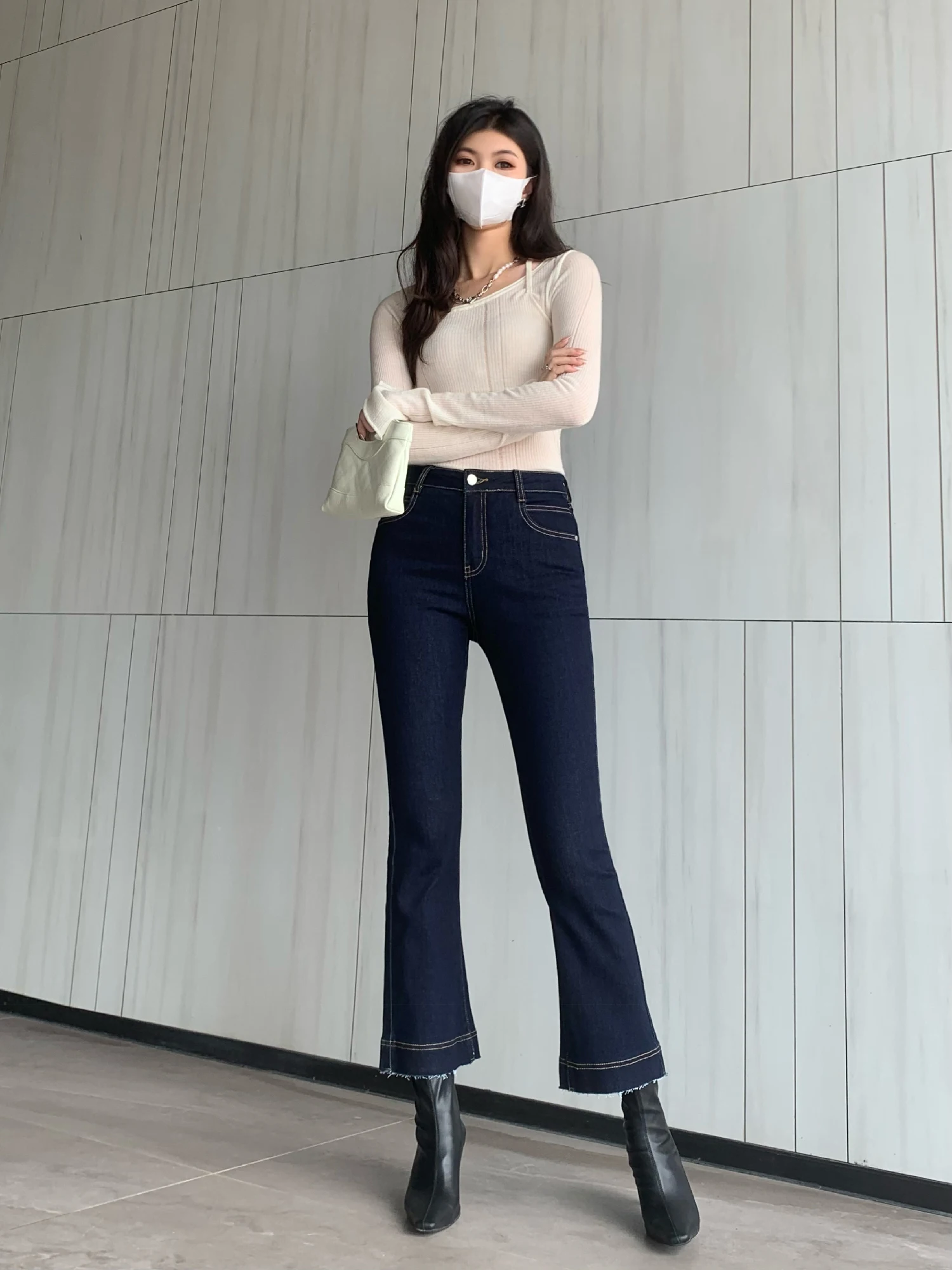 VINTAGE DARK BLUE NINE POINTS MICRO-FLARE JEANS SIMPLE ELEGANT TASSEL RAW HEM DESIGH HIGH-WAISTED SLIM WOMNE’S PANTS - FORGUNROS