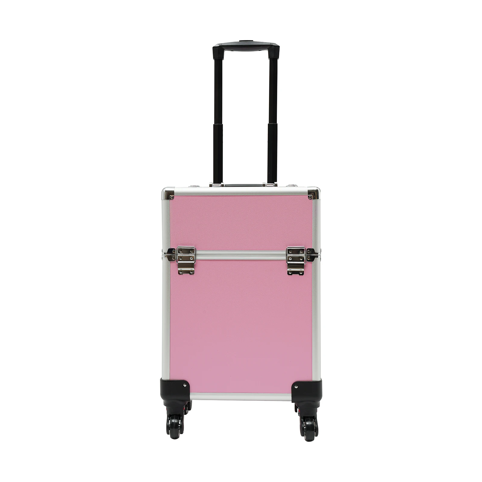 Pink Rolling Extendable Makeup Train Case Large Storage Space Removable Multi-layer Makeup Case Rectangular Aluminum Alloy ABS