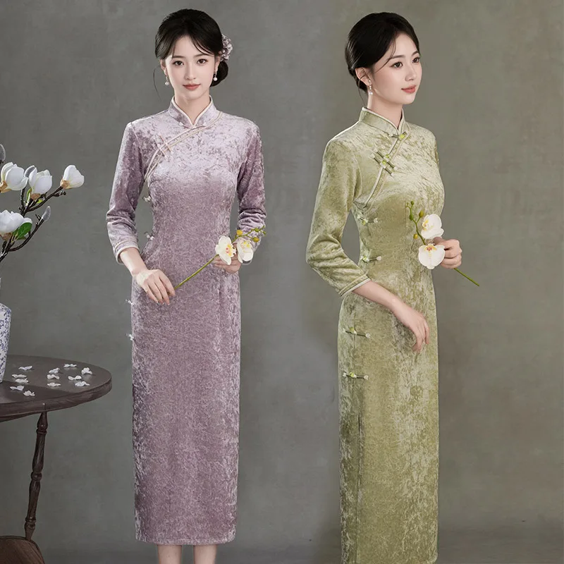 

Blue New Chinese Style Long Seven Quarter Sleeve Cheongsam Improved Young Women Retro Spring Autumn Qipao Dress