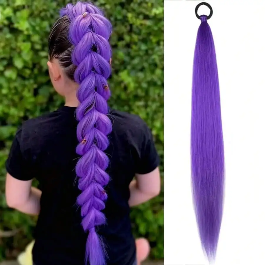 

24Inch Purple Ponytail Hair Extensions With Elastic Band, Synthetic Braided Straight Hair For DIY Braids And Ponytail Hairstyles