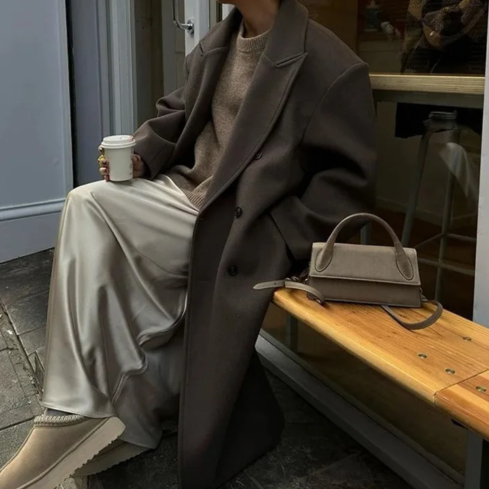 

Ele Long Coat Single Button Turn-down Collar Outerwear for Women Commute Sle Pure Color PU Material Autumn Season
