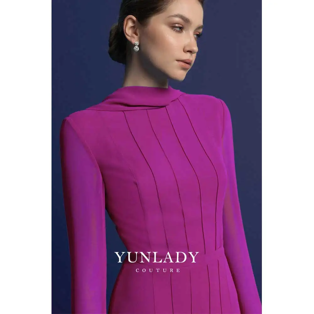 YUNLAN Elegant Pink Women\'s Chiffon Pleated Skirt Evening Dress for Mom 2024 Dubai Wedding Guest Long Sleeve A-Line Party Dress