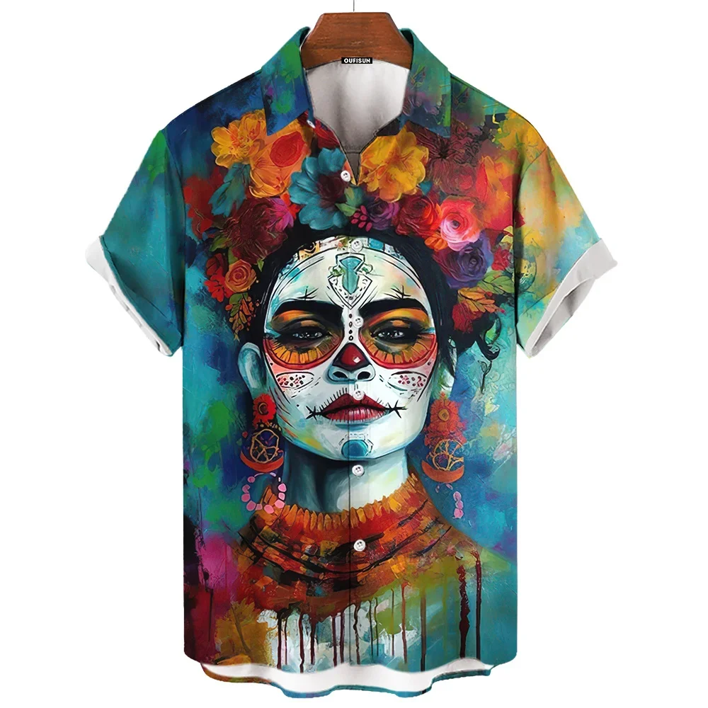 Day Of The Dead Shirt Skull Men's Shirts Skull Face 3d Print Short Sleeve Retro Loose Oversized Man Clothing Festival Clothing