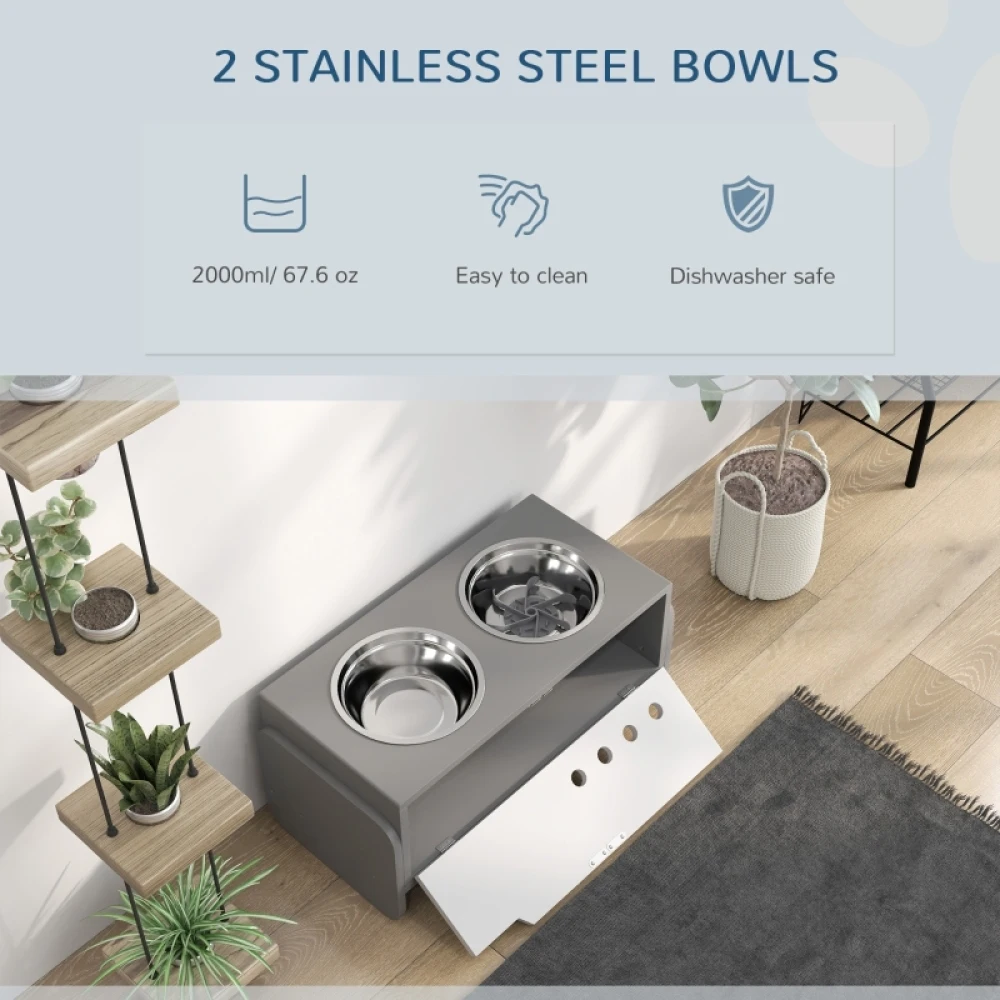 PINGGO 3 Height Adjustable Raised Dog Bowls, Dog Feeding Storage Station W/ Slow Feeder Mat, 2 Stainless Steel Bowls