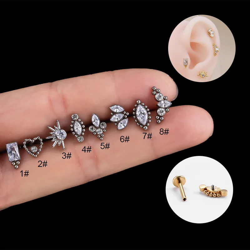 G23 Titanium Piercing Labret Stud Internal Thread Horse\'s Eye Crown CZ Lip Earring Helix Conch Tragus Piercing Lobe Body Jewelry
