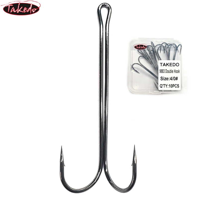 TAKEDO 10PCS 9883 Round Bent Long Shank Double Fishing Hook Hight Carbon Steel Black Nickel Barb Fishing Hook For Frog Lure