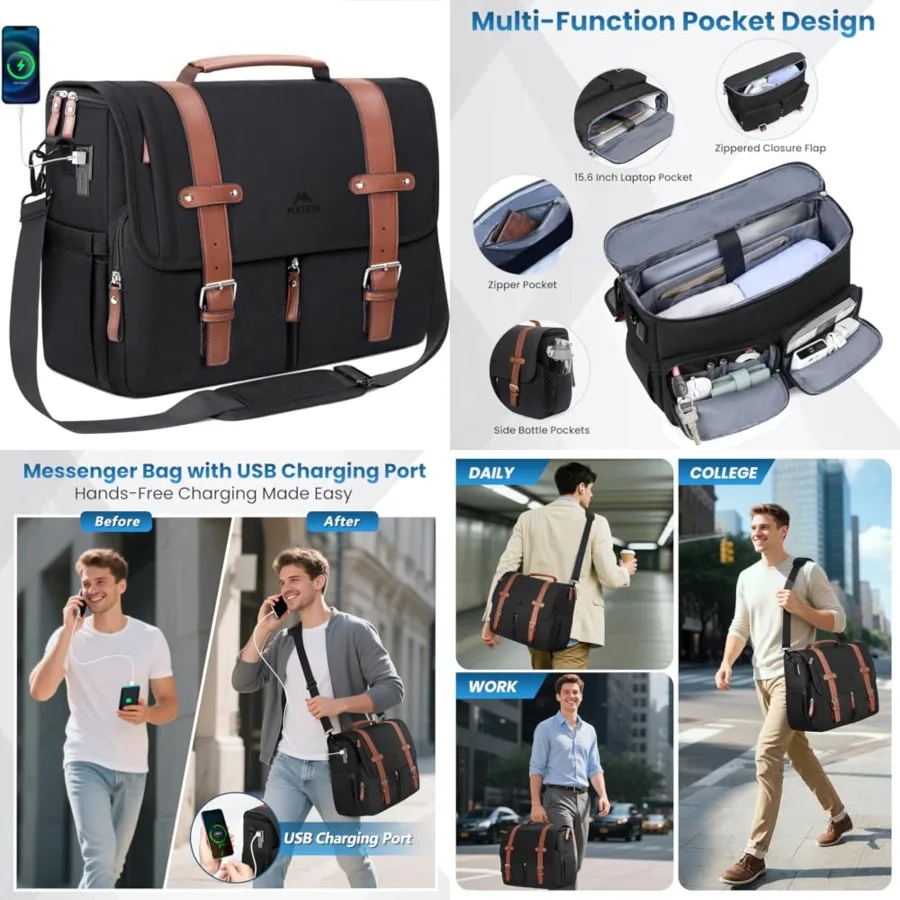 

Work Bag for Boy with USB Charging Port, Lightweight Computer Bag with Shoulder Strap, Water Resistant and Large Laptop Crossbo