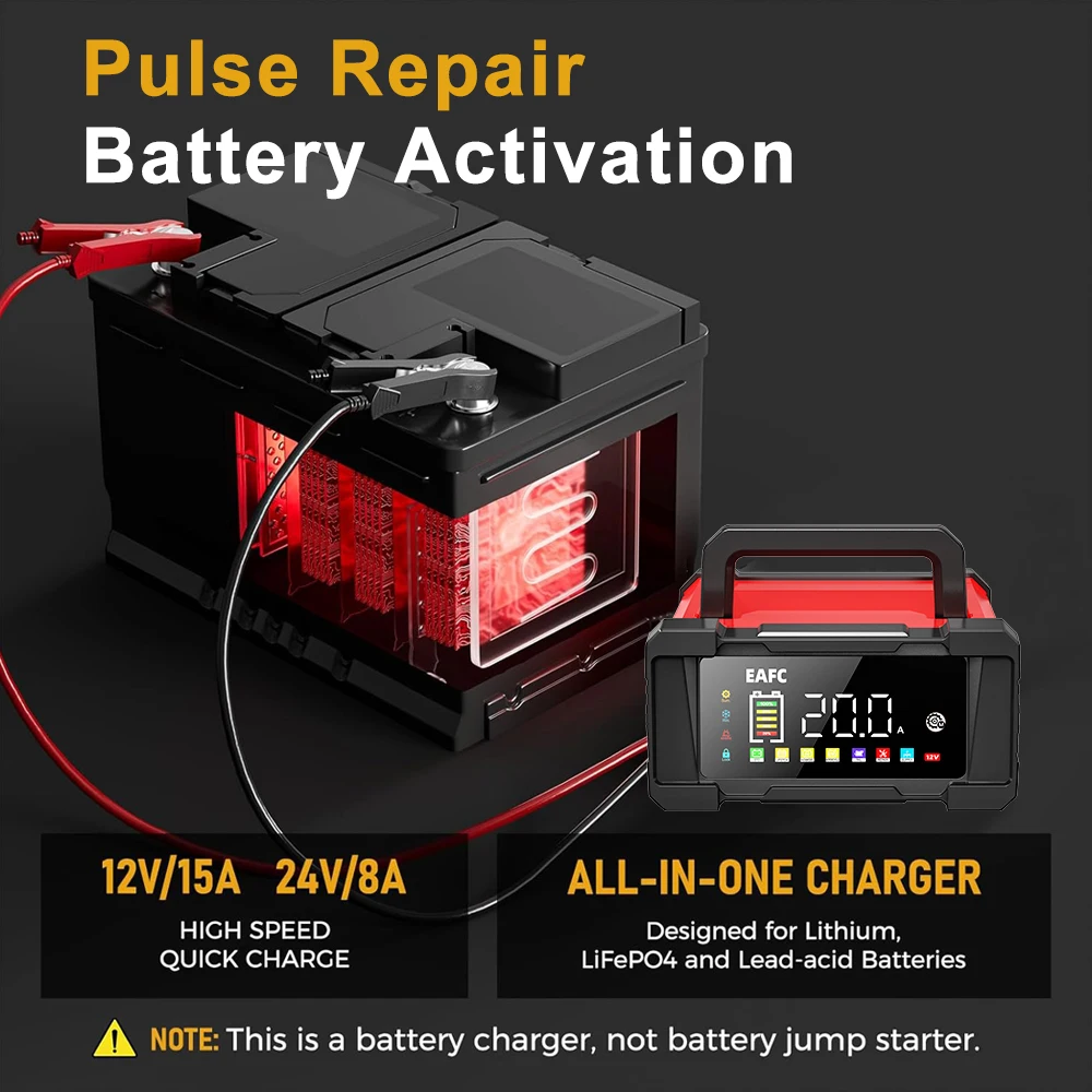 EAFC 12V/24 20A/10A Upgraded Car Battery Charger Fully Automatic Battery Charger 7 Charge Stages For Gel AGM LiFePO4 Etc - view 2