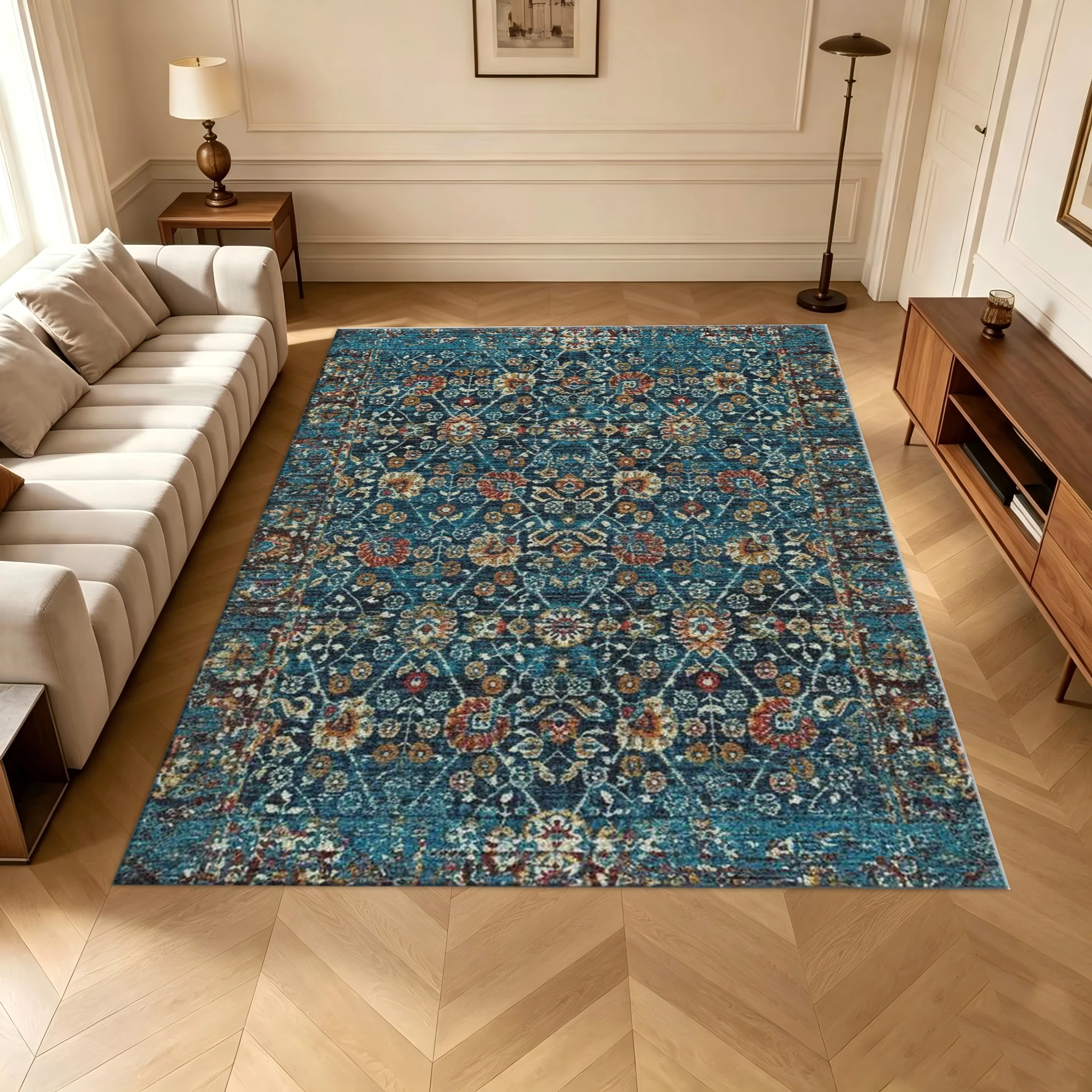 Vintage Distressed Floral Pattern Carpet Bohemian Style Carpet Floor Mat for Living Room Home Floor Decoration