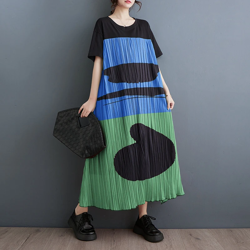 فستان صيفي جديد فضفاض بمقاس كبير مع طباعة وتصميم فني، فستان أنيق بأسلوب تنورة مميز مصنوع من مزيج البوليستر والقطن