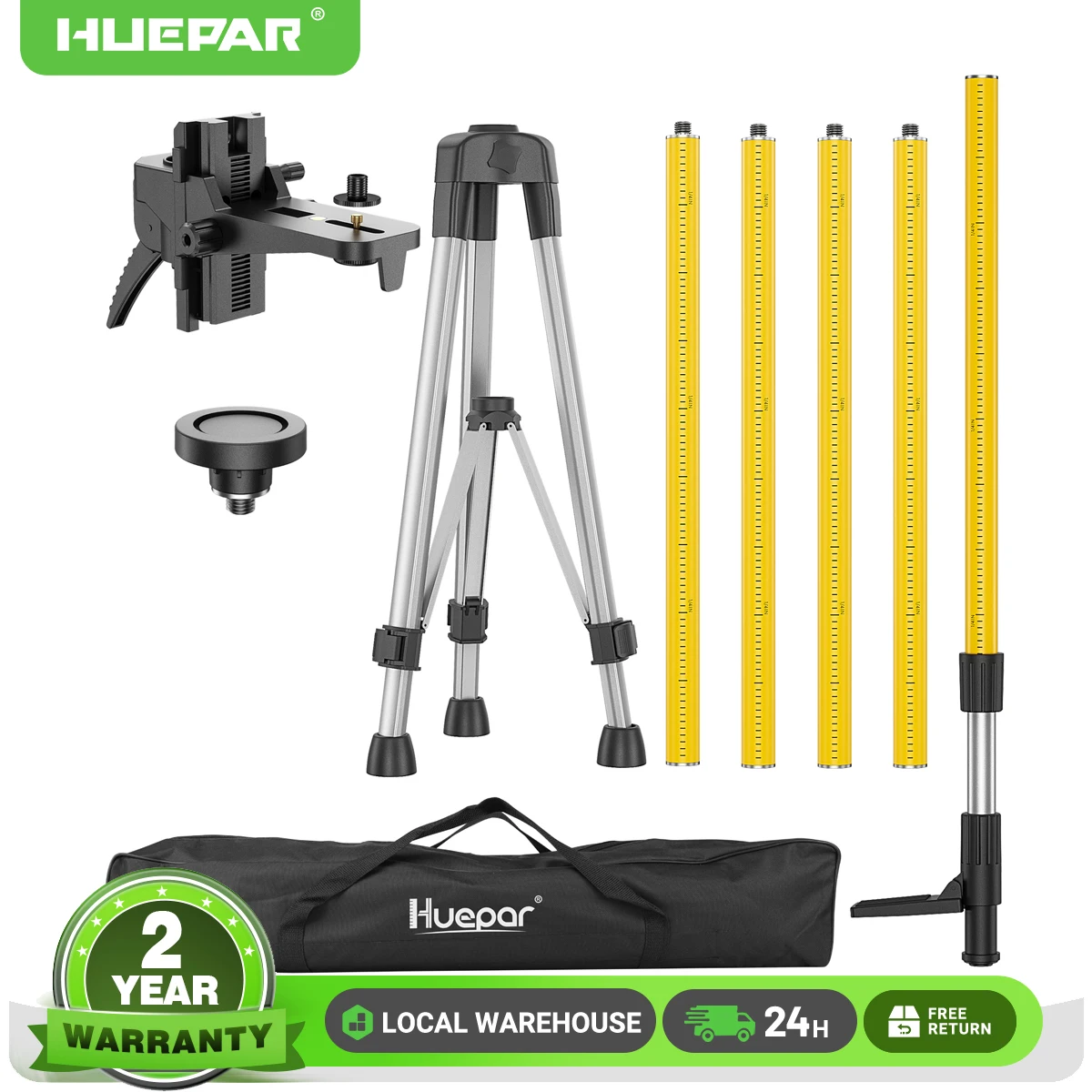 Huepar 12 Fuß/3,7 m Teleskopstange 1/4 und 5/8 Adapter für Laser-Nivelliergerät, robustes, verstellbares Verlängerungsstativ, Laserständer LP36