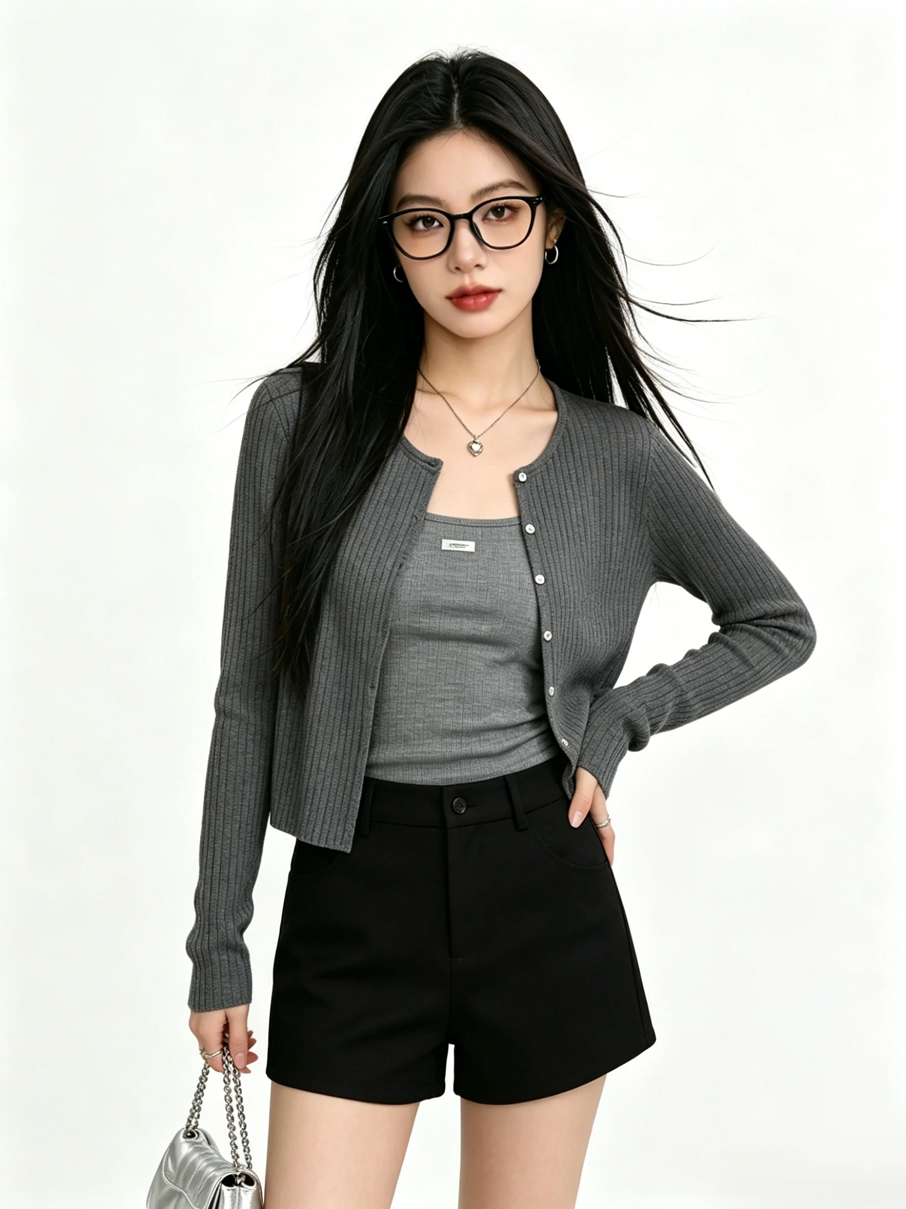 Spring 2026 Women's Slim Fit Long Sleeve Knitted Open Cardigan Set Deep Grey Retro Style Fashionable Two-Piece Ensemble