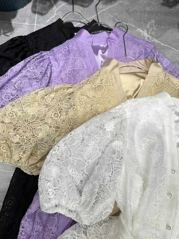 レトロ刺繍カットアウトレースアップウエストシェイプ半袖ワンピース 2025 夏 レディース シャツワンピース ゆったり パフスリーブワンピース