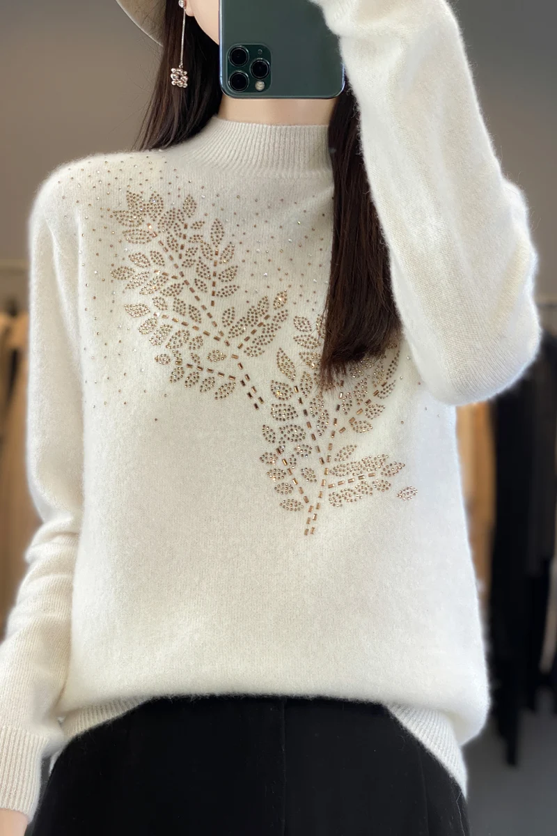 Autumn and Winter New Line ready to wear Knitted Half High Collar Leaf Diamond Women's Solid Color Simple Fashion Sweater