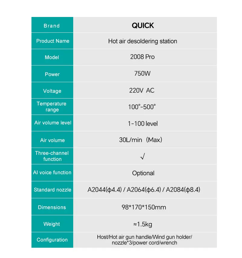 

Паяльная станция QUICK 2008Pro с горячим воздухом, 750 Вт, безсвинцовая, для ремонта телефонов, BGA, SMD, инструменты для пайки и ремонта