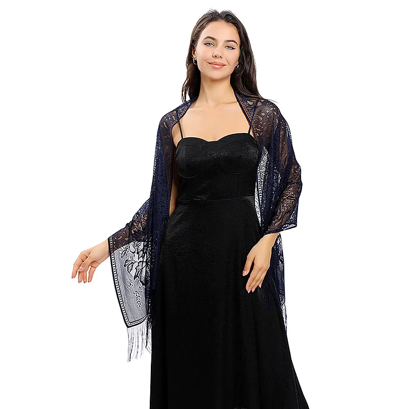 

Lace Shawl Wrap for Women See-through Crochet Floral Hollow Out Tassels Decor Scarf Elegant Wedding Soft Dress Accessories Solid