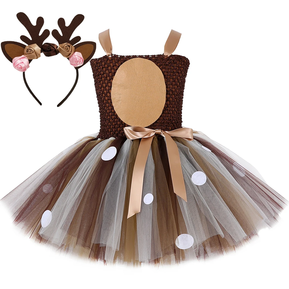 Costume di cervo di renna per ragazze vestito di Tutu di natale bambino bambini Halloween Jungle Party Animal Dress Up con fascia di corna