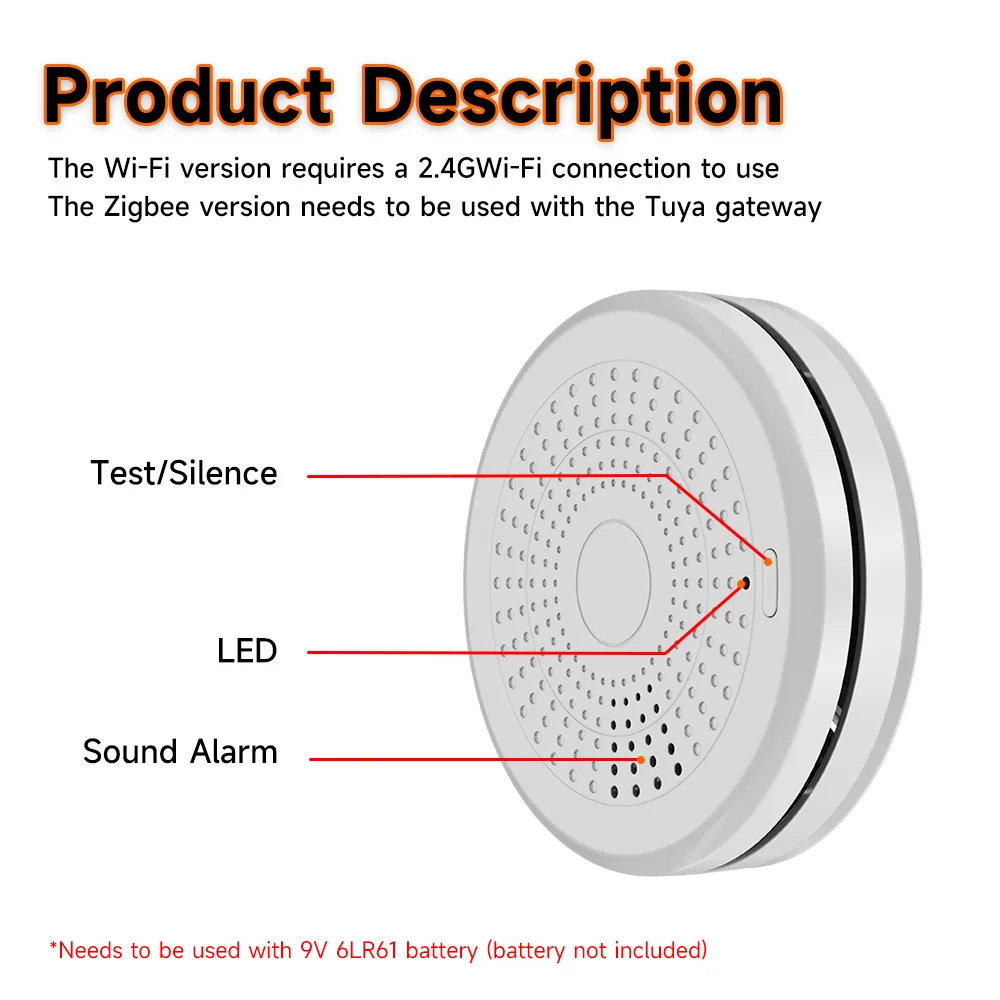 Tuya e Smart Life Smoke Detector, WiFi Sensor, Monóxido de Carbono Co, Gás, Smoke Fire Sound Alarm, Alarme, 2 em 1