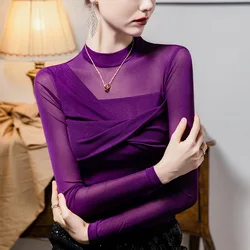 #4272 Black Purple Split Joint Long Sleeve T Shirt Women Thin See Through Sexy Irregular Wrap Skinny Short T-shirt Female Spring