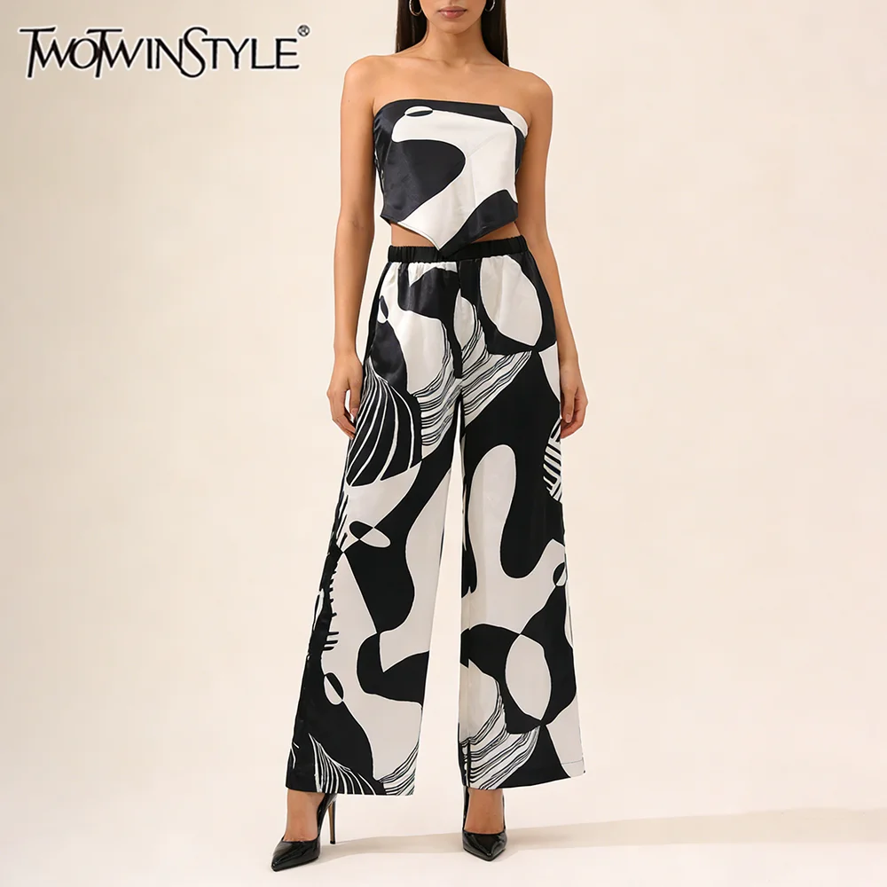 

TWOTWINSTYLE Chic Vacation Abstract Print Outfit for Women Strapless Top Wide Leg Pants Suit for Art Creative Gatherings Parties