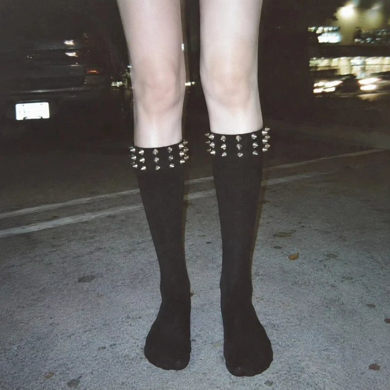 Women Gothic Punk Spike Rivet Knee High Socks Y2K Punk Emo Streetwear Black Calf Socks Harajuku Subculture Long Socks For Girls