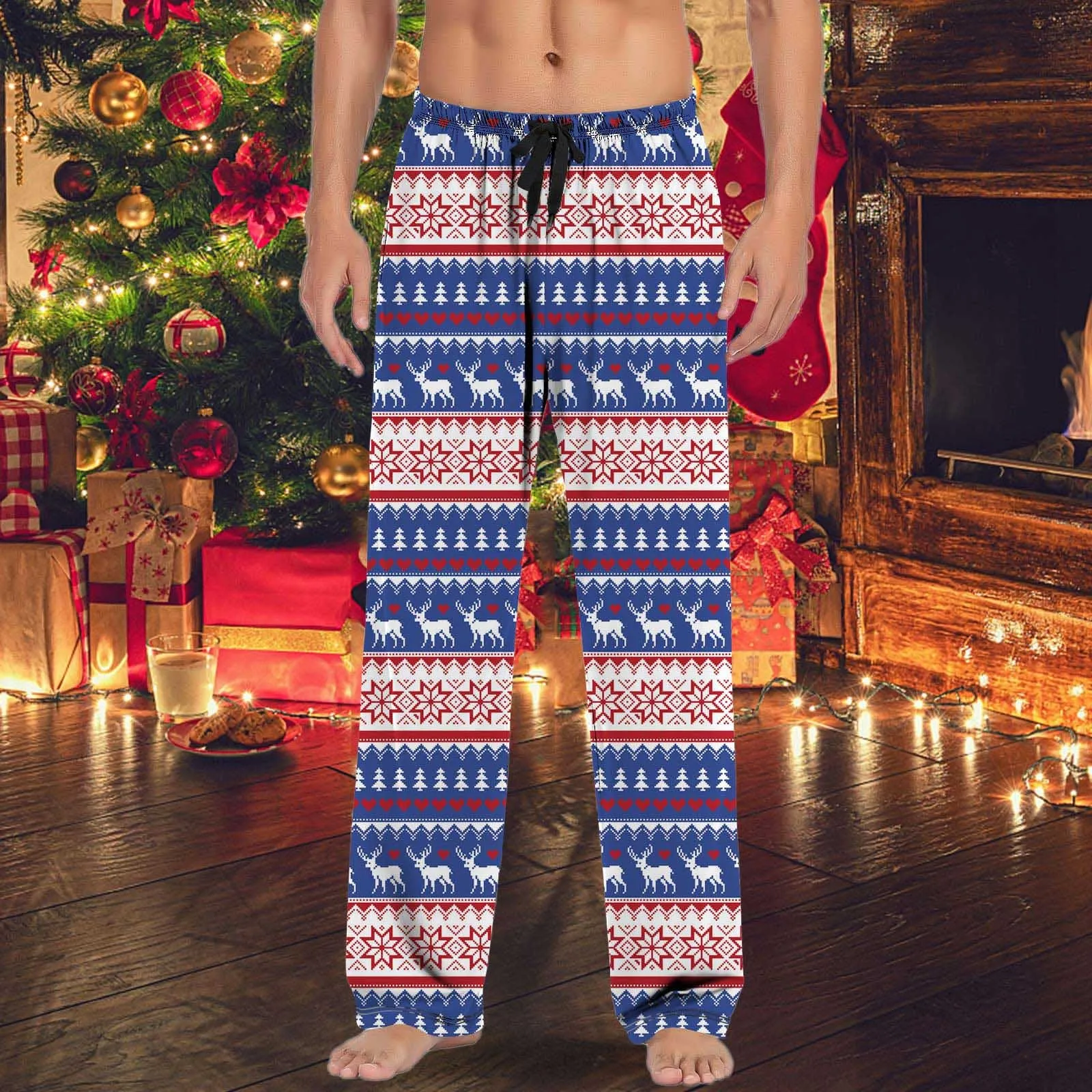 Xmas Plaid Pattern Men’S Christmas Tree Printed Straight Trousers Loose Pockets Wide Leg Sweatpants High Waist Loose Sleepwear