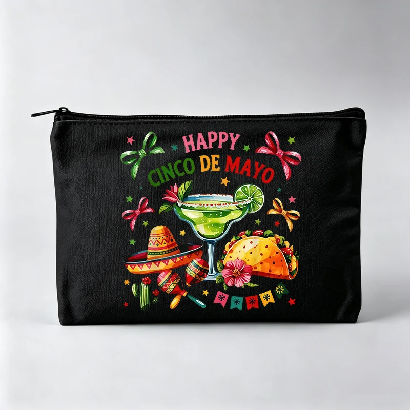Women's Cinco de Mayo Themed Makeup Bag with Margarita and Taco Print, Festive Cosmetic Pouch for Holiday Celebrations