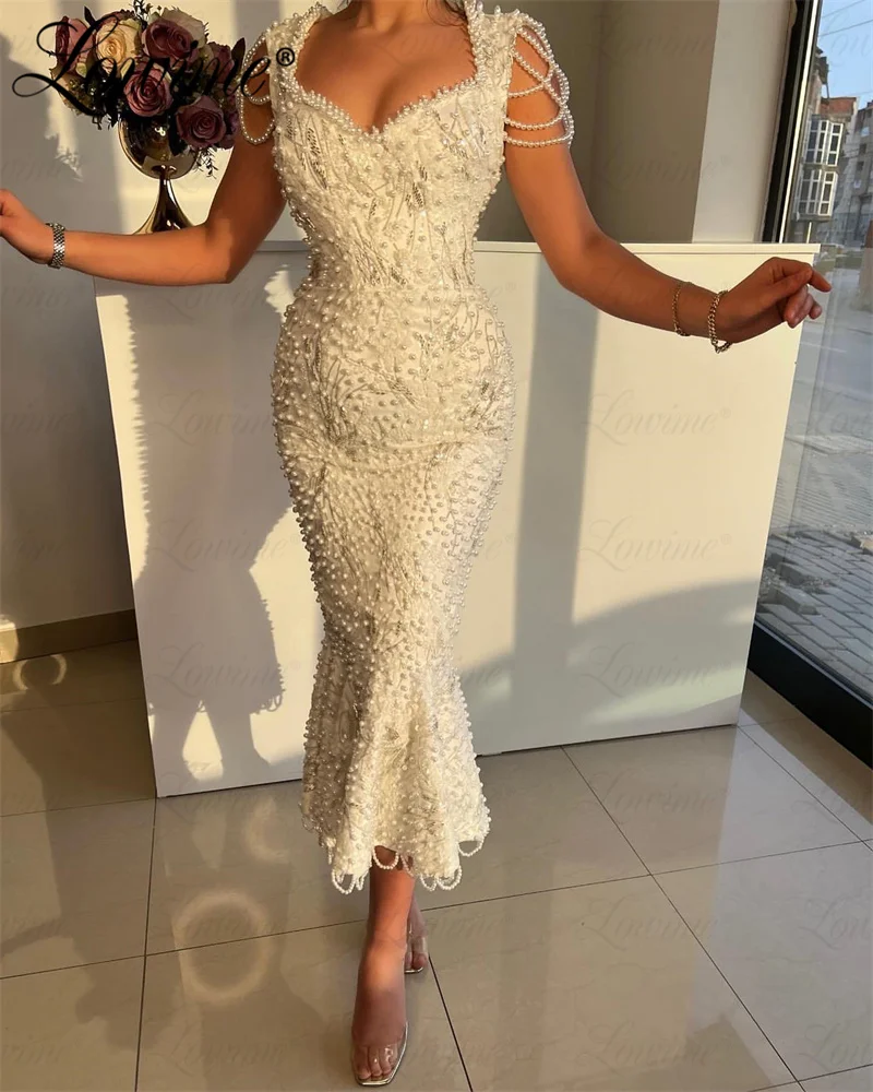 Pearl Party Dresses Ankle Length Arabic Prom Dress For Women 2023 Cap Sleeve Beading Elegant Evening Gowns Mermaid Evening Wear