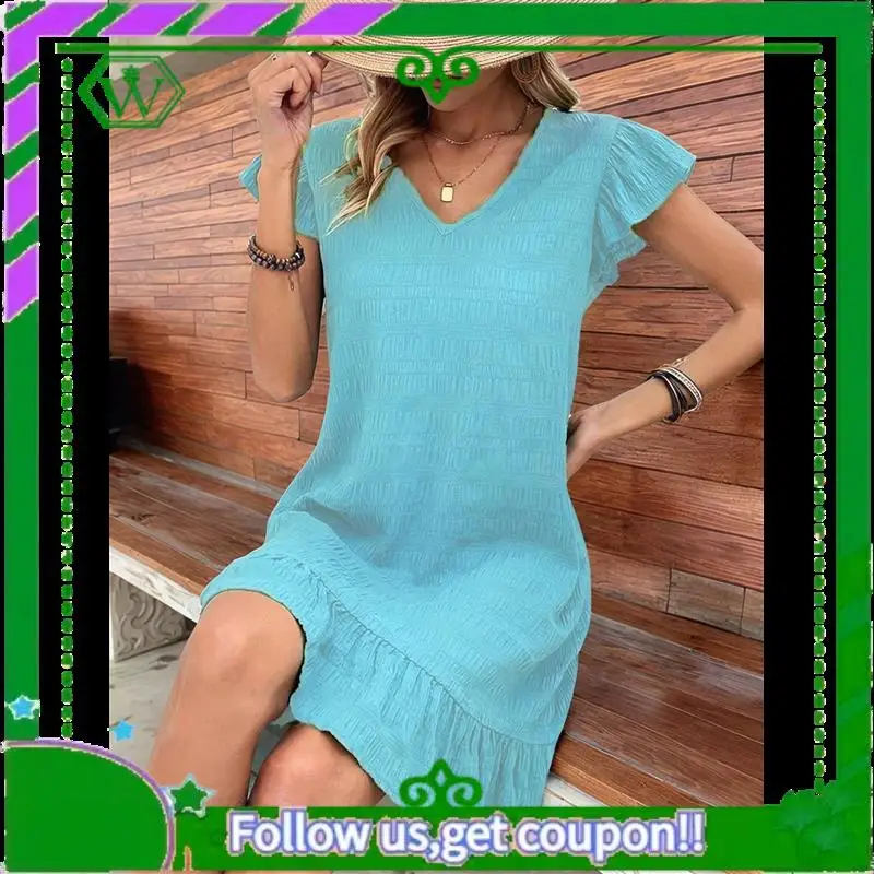 A18P-Summer Dresses For Women V Neck Cap Sleeve Ruffle Hem Smock Short Dress