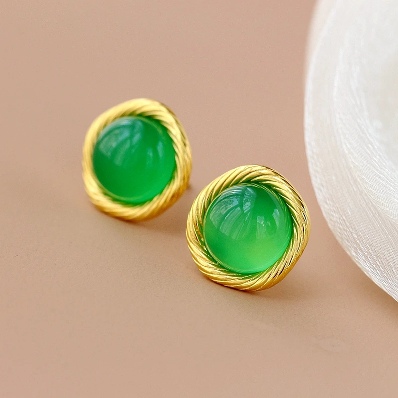 

S925 Sterling Silver Earring Inlaid Green Chalcedony Stud 18K Gold Plated Earrings Minimalist Daily Wear Jewelry Gift for Women