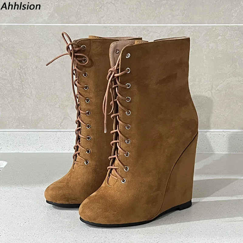 

Ahhlsion Handmade Women Winter Ankle Boots Wedges Heels Round Toe Pretty Leoaprd Party Shoes Ladies US Plus Size 5-20