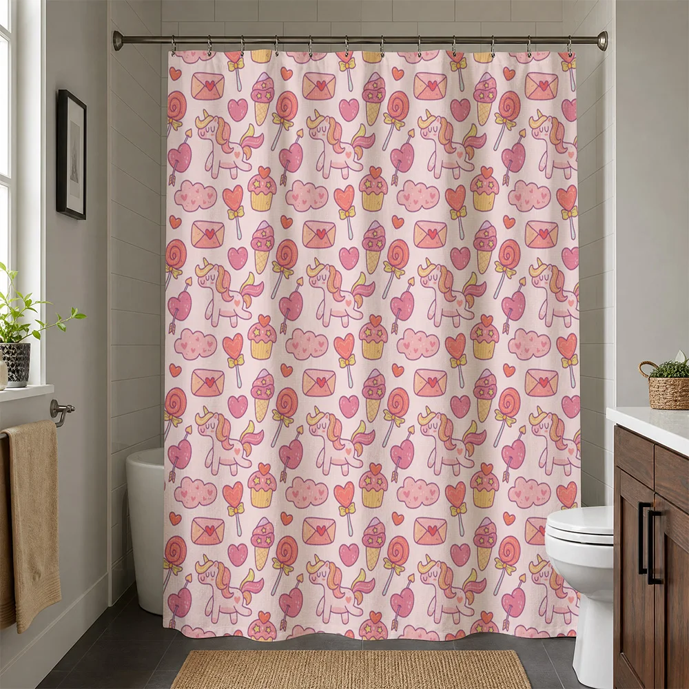 Waterproof Shower Curtain Unicorn Kawaii Pastel Decor Cute Kids Girls Bathroom Curtain Bath Shower Liner Heart Lollipops Candy A