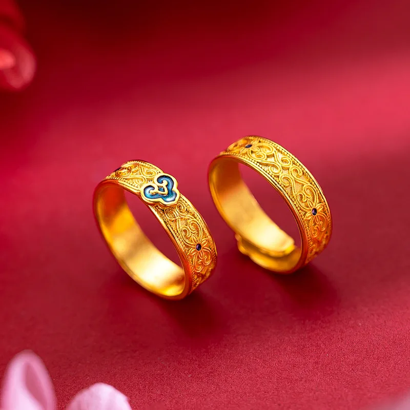 

Couple Style 9999 24K Real Gold Fired Blue Enamel Ruyi Ring with Retro Ethnic Style for Men and Women Wedding Rings Adjustable