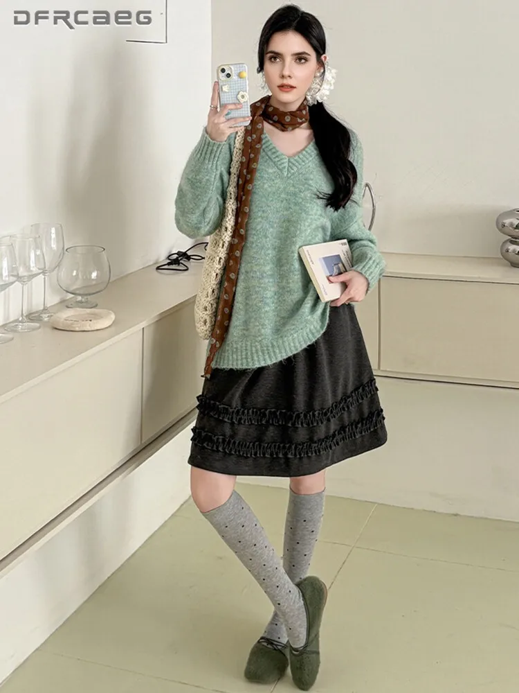 Jupe en laine longueur genou pour femmes, taille haute décontractée, demi-Capris, jupe trapèze avec bord champignon, automne et hiver