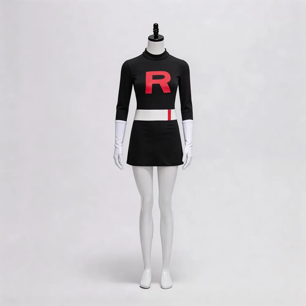 Disfraz completo del Team Rocket para mujer: minivestido negro de cuello alto con gran gráfico R rojo, cinturón de rayas blancas y guantes largos blancos
